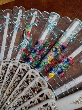Vintage Style Hand Fan Embroidered Peacock Organza Reticulated White Gold Floral